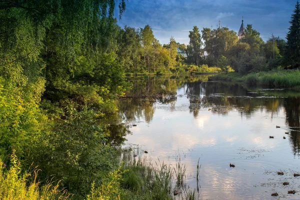 Weerspiegelingen Van Wolken Een Met Bomen Begroeide Vijver — Stockfoto