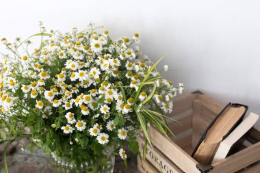 Mutfak dekorasyonu. Eski püskü bir bankta yabani papatya yetiştiren bir vazo ve kitaplarla dolu kap kacak depolamak için bir kutu..