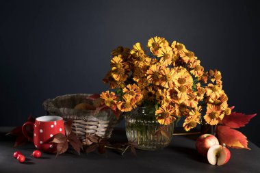 Bir buket helenyum ve flütlü cam bir vazoda koyu mavi bir duvara karşı yabani üzüm yaprakları. Elmalar, beyaz noktalı kırmızı kupa.