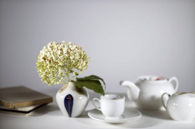 Çay içmek için beyaz çaydanlık, fincan ve çay tabağı ve süt testisi. 70 'lerin tarzında küçük bir vazoda kurutulmuş ortanca beyaz masayı süslüyor..