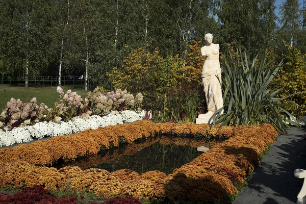 Estatua Yeso Refleja Pequeño Estanque Forrado Con Crisantemos Hortensias Amarillas — Foto de Stock