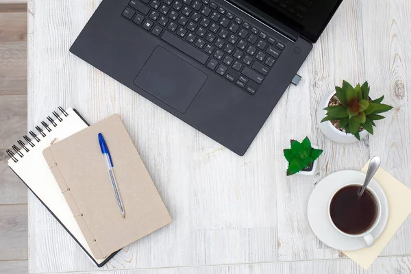 Escritorio Oficina Mesa Madera Del Lugar Trabajo Negocios Cuaderno Planta — Foto de Stock