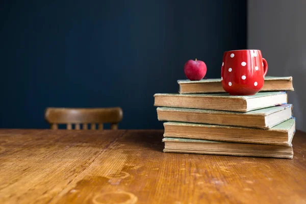 Stack Large Old Rag Bound Books Lie Wooden Table Dark — Stock Photo, Image