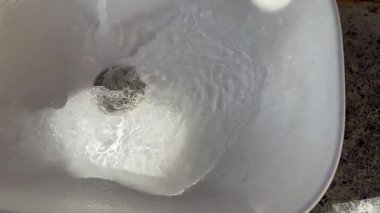 Water flows from a faucet into a white sink