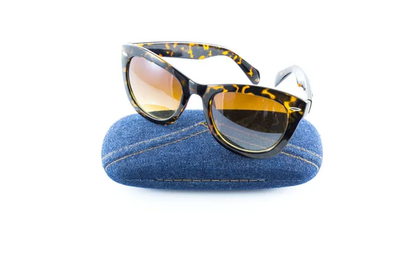 Balck Sunglasses Jean Case White Background — Stock Photo, Image