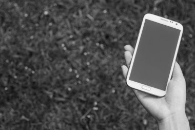 Akıllı bir telefon kullanarak kadın elinin yakın plan çekimi, yeşil doğa geçmişi