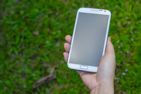 Primer Plano Las Manos Femeninas Usando Teléfono Inteligente Fondo Verde — Foto de Stock