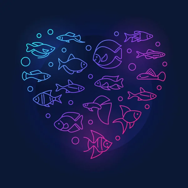 Aquarium fish in heart shape vector colored line illustration — Stock Vector