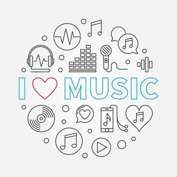 I Love Music ilustración vectorial circular en estilo de línea delgada — Vector de stock