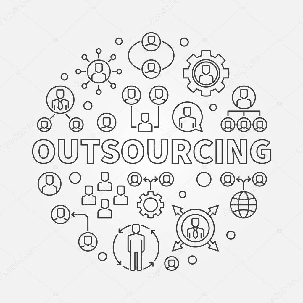 Outsourcing round minimal illustration. Vector circular sign made with outsource line icons
