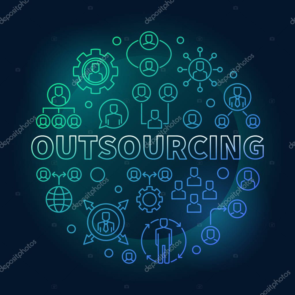 Outsourcing round colored illustration. Vector circular sign made with outsource line icons on dark background