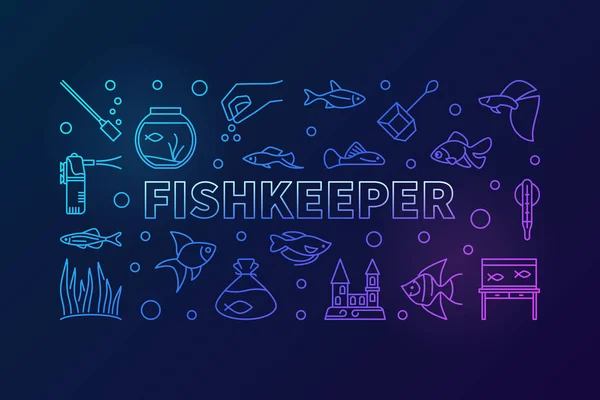 Fishkeeper vector colored horizontal banner in thin line style — Stock Vector