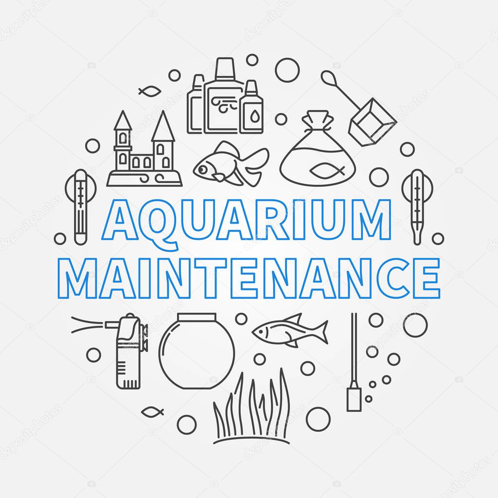 Aquarium maintenance vector round illustration made of aquarium accessories, fish tank, castle, heater and tropical fish outline icons