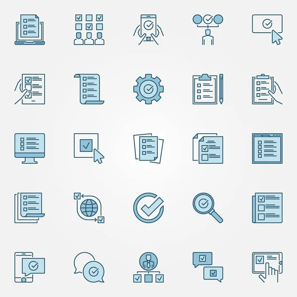 Enquête gekleurde pictogrammen set - vector check lijst concept tekenen — Stockvector