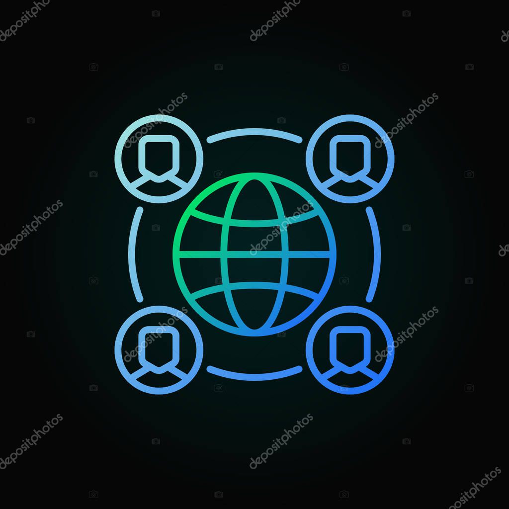 Outsourcing concept vector colorful icon with earth and people in thin line style on dark background