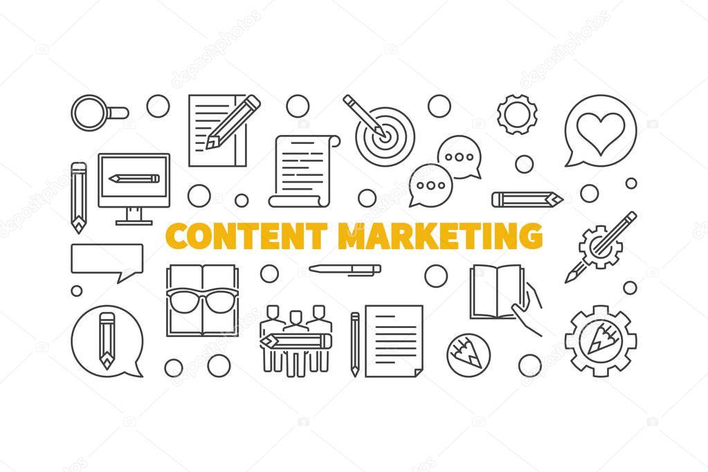 Content Marketing concept horizontal banner made with outline icons. Vector illustration on white background