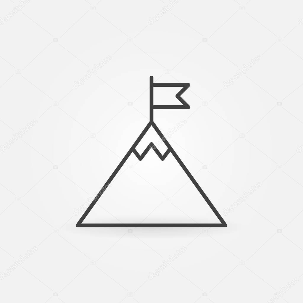 Flag on mountain top vector outline icon. Success symbol