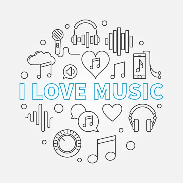 I Love Music vector redondo ilustración en estilo de línea — Vector de stock