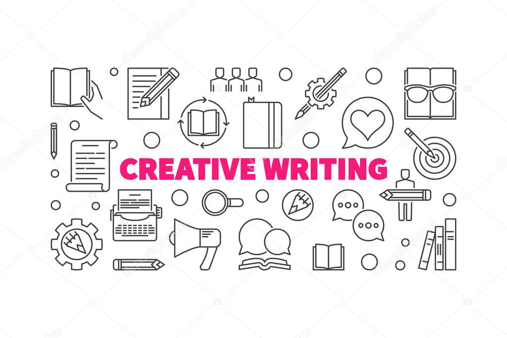 Creative writing vector horizontal illustration made with outline icons on white background