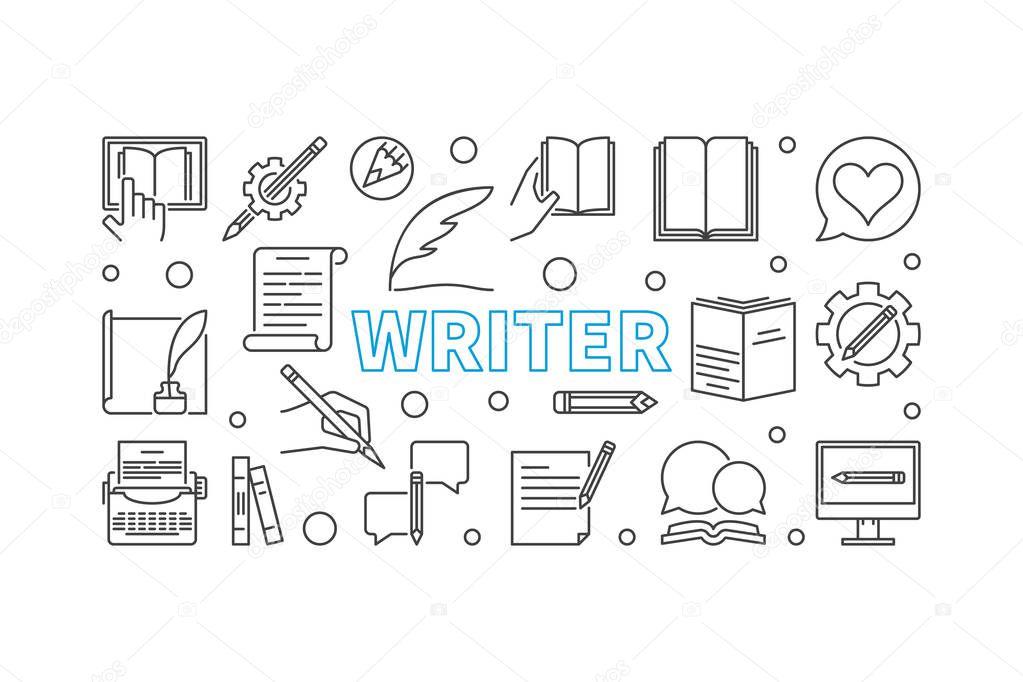 Writer vector horizontal illustration or banner made with outline icons on white background
