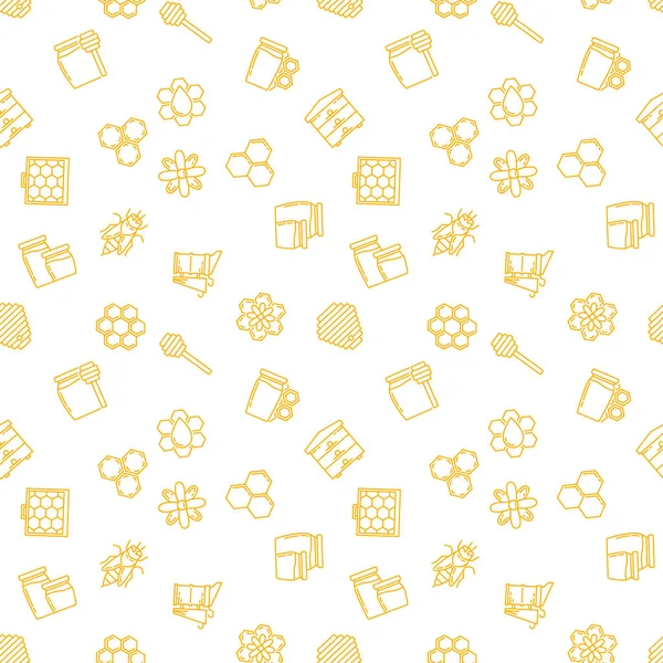 Seamless vector pattern with yellow beekeeping linear icons — Stock Vector
