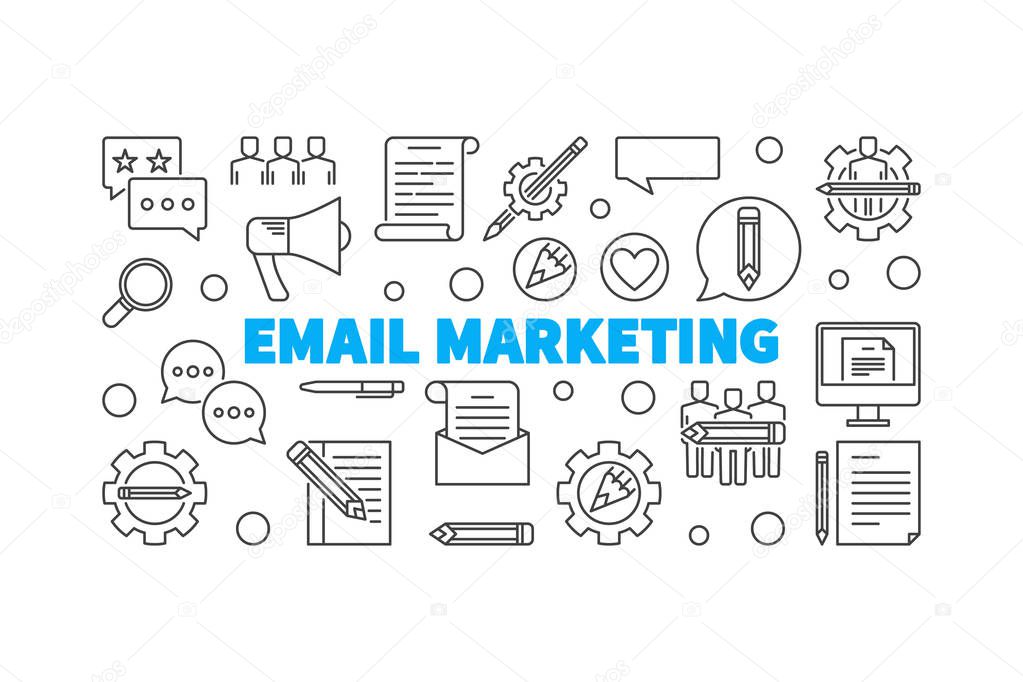 Email Marketing vector concept horizontal illustration made with outline icons on white background