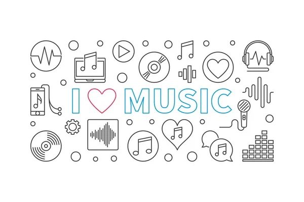 I Love Music vector ilustración horizontal en estilo de línea delgada — Vector de stock