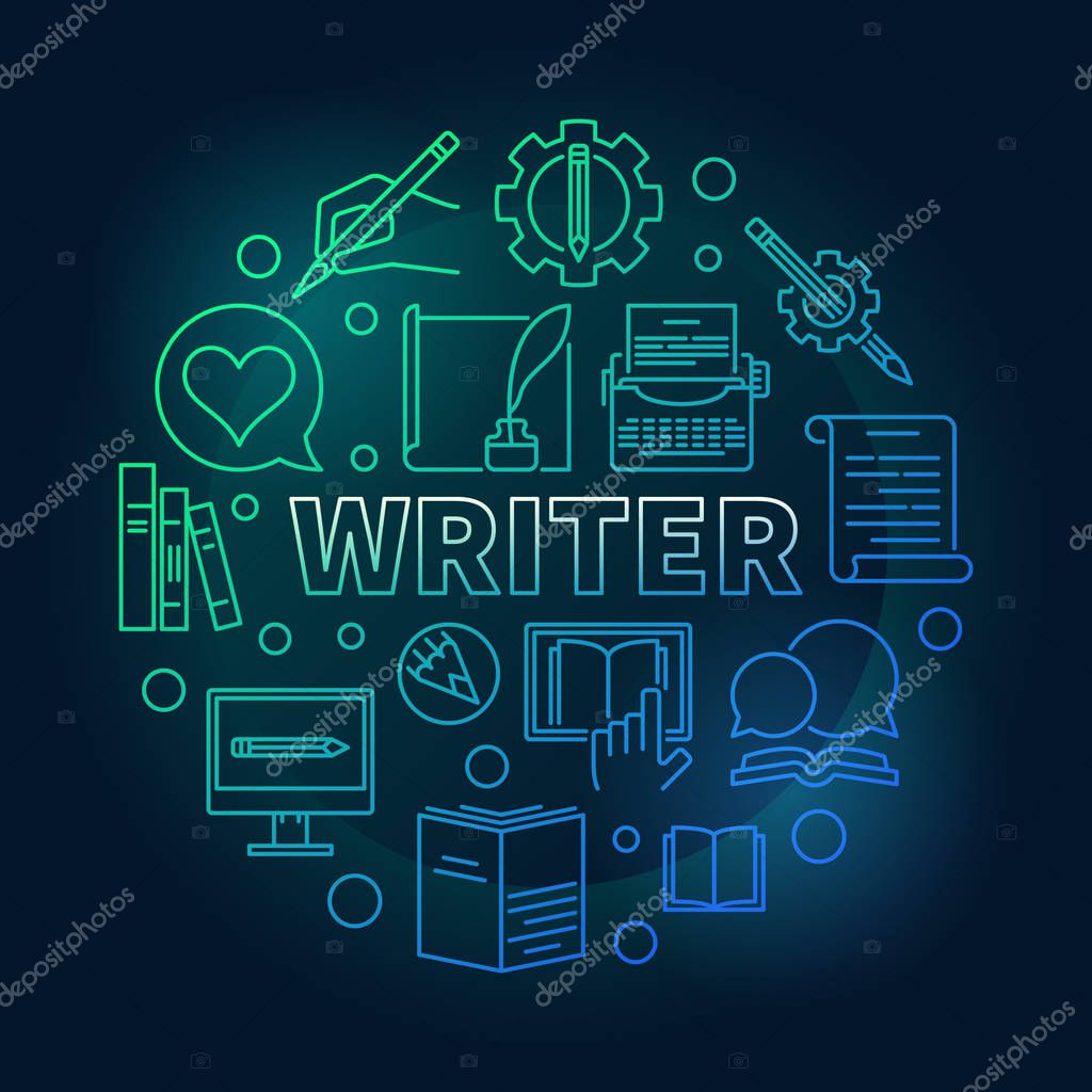 Writer vector colored round illustration made with linear icons on dark background