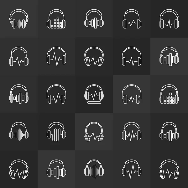 Fones de ouvido com equalizador e ícones de contorno de vetor de onda sonora —  Vetores de Stock