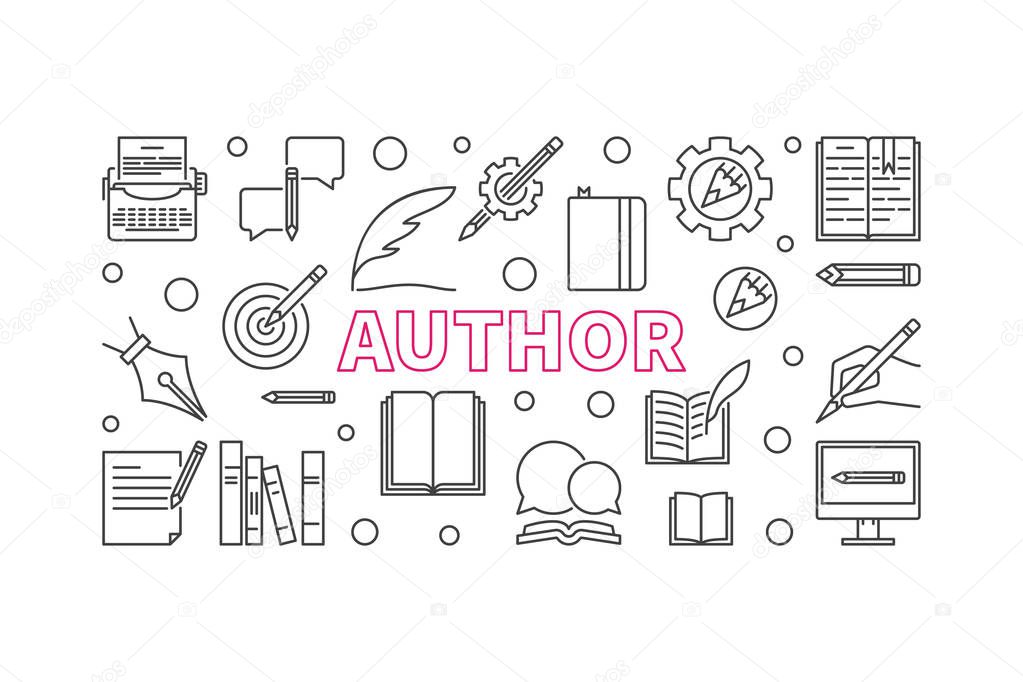 Author vector horizontal banner or illustration made with thin line icons on white background