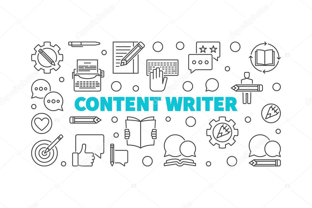 Content writer vector line horizontal illustration or banner