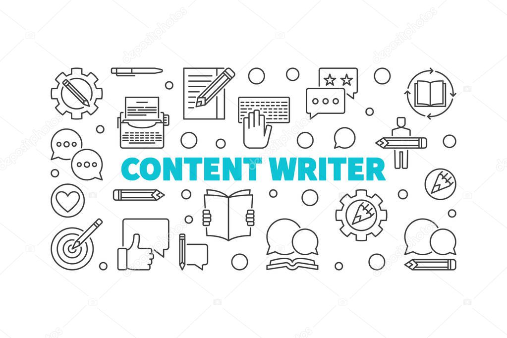 Content writer vector horizontal illustration or banner made with outline icons on white background