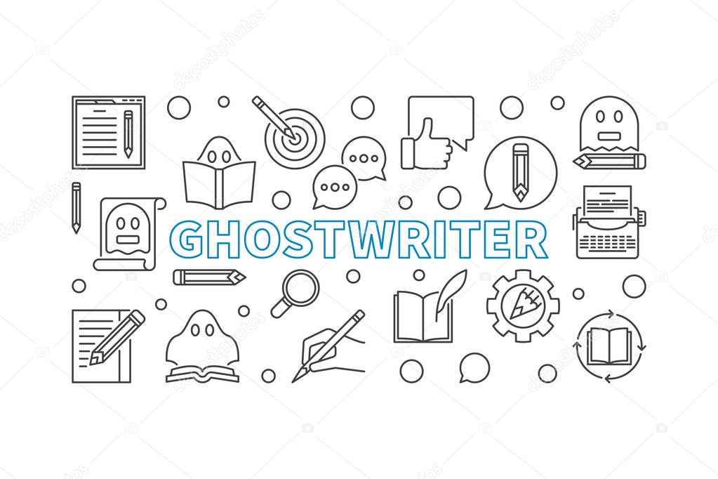 Ghostwriter vector horizontal banner or illustration made with ghostwriting thin line icons on white background