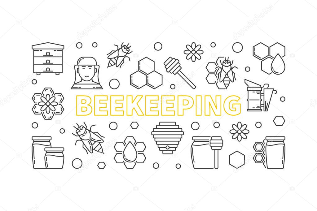 Beekeeping vector horizontal illustration in thin line style