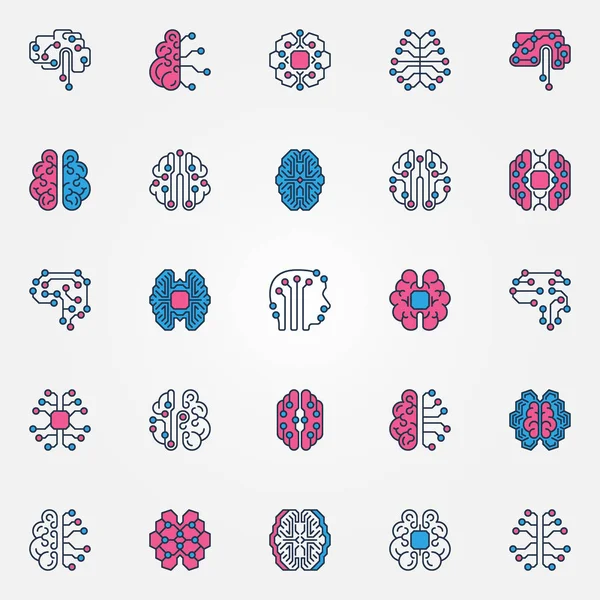 Set di icone colorate Digital Brain - Segni cerebrali intelligenti AI vettoriale — Vettoriale Stock