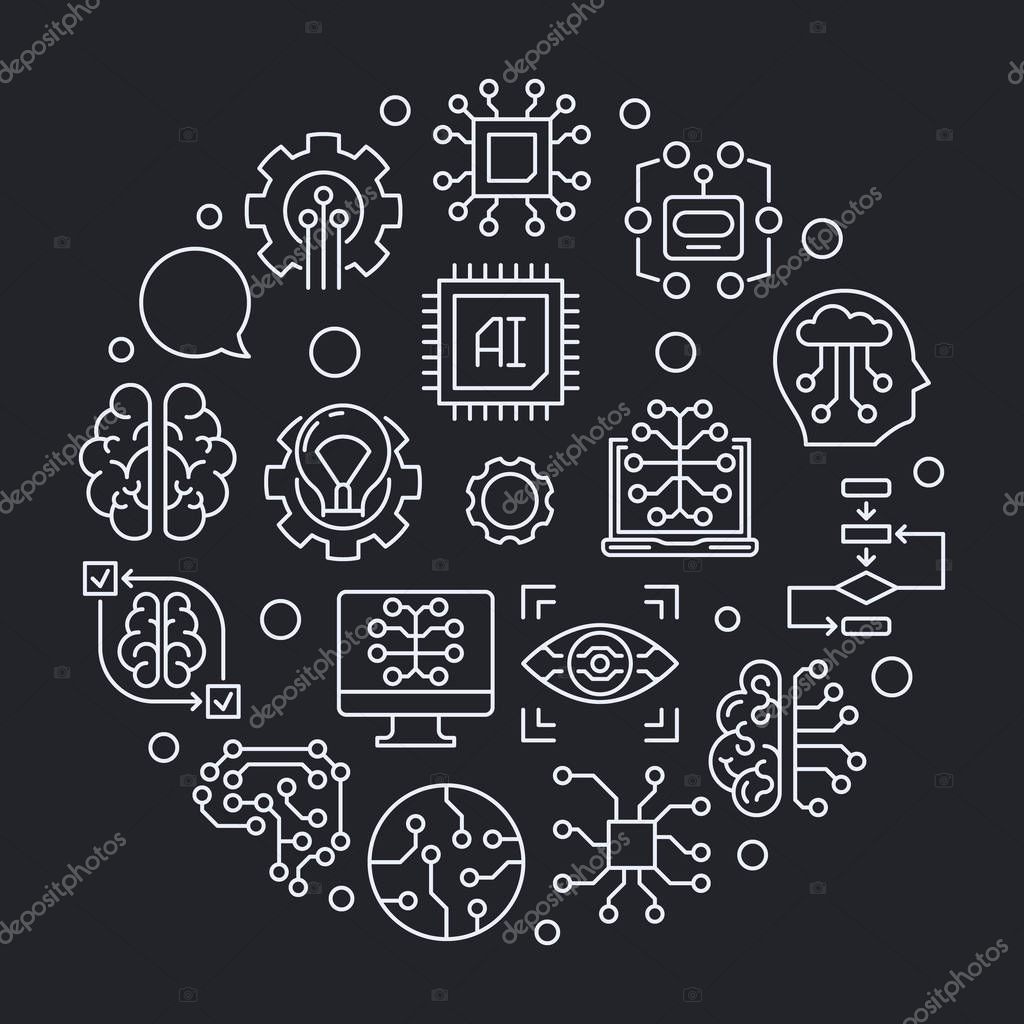 Artificial Intelligence round vector line illustration. AI technology vector linear icons in circle shape on dark background