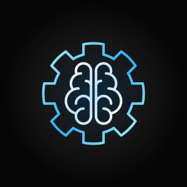Dişli mavi anahat simgesini koyu arka plan üzerinde beyinde AI