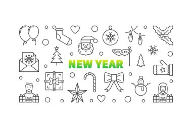 Yeni yıl çizgi yatay illüstrasyon. Vektör anahat afiş