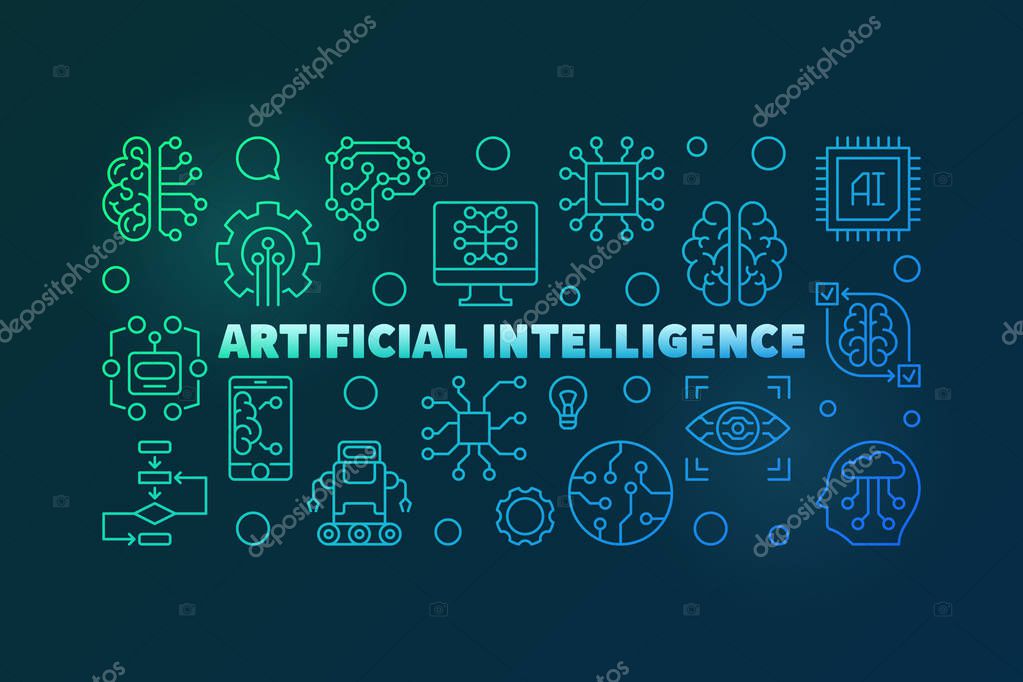 Artificial Intelligence colorful horizontal outline illustration. AI technology vector banner in line style on dark background