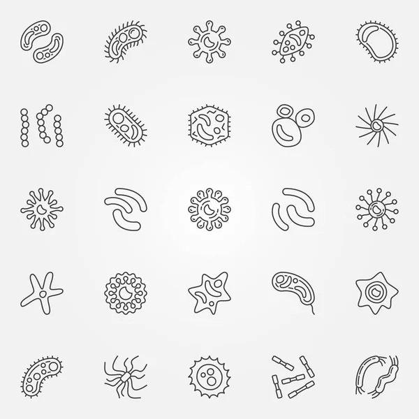 Bactérias delinear ícones definido. Símbolos de contorno de micróbios e vírus — Vetor de Stock
