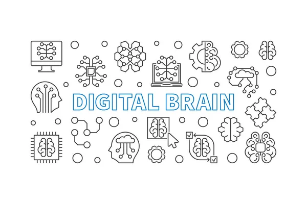 Digital Brain vector concepto horizontal contorno banner — Archivo Imágenes Vectoriales