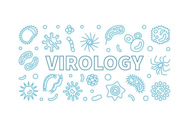 Viroloji mavi yatay banner. Vektör anahat çizim