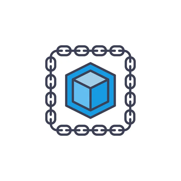 Cube uvnitř řetězce modrou ikonu. Vektor znamení blockchainu — Stockový vektor