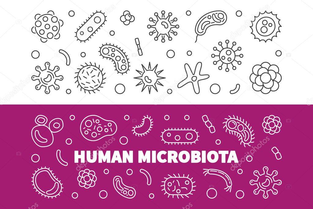 Set of 2 Human microbiota horizontal banners. Vector concept illustration in thin line style