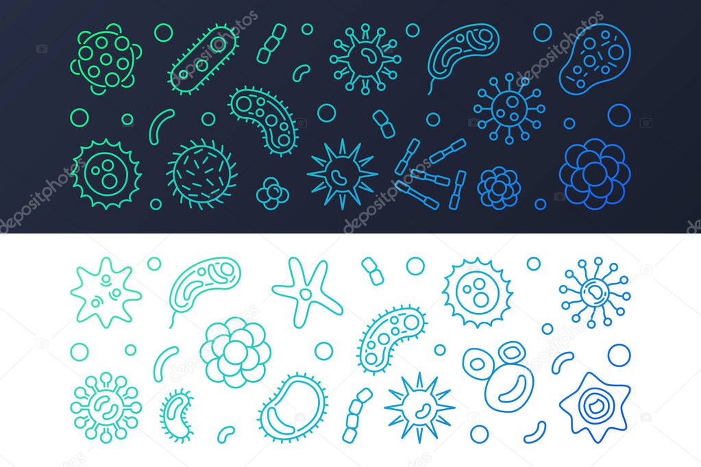 Set of 2 virus and microorganism vector line colored banners