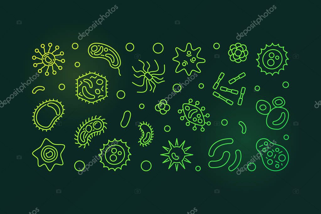 Viruses green horizontal banner. Vector virus or infection concept illustration in thin line style on dark background