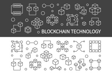 Blockchain teknoloji vektör anahat yatay Banner set
