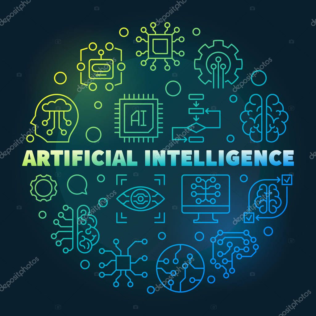 Artificial Intelligence round creative line illustration. AI technology vector outline icons in circle shape on dark background