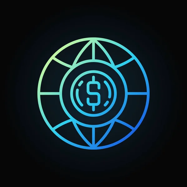 Globo de la Tierra con moneda dentro del icono del contorno azul vector — Vector de stock