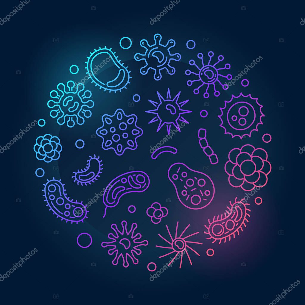Bacteria round vector colored illustration made with microbe, bacterium and virus icons in outline style on dark background